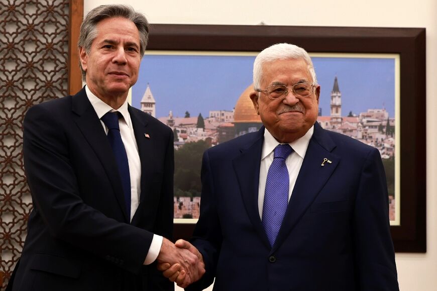 US Secretary of State Antony Blinken, on the left, meets Palestinian president Mahmud Abbas in Ramallah in the Israeli-occupied West Bank on January 10, 2024