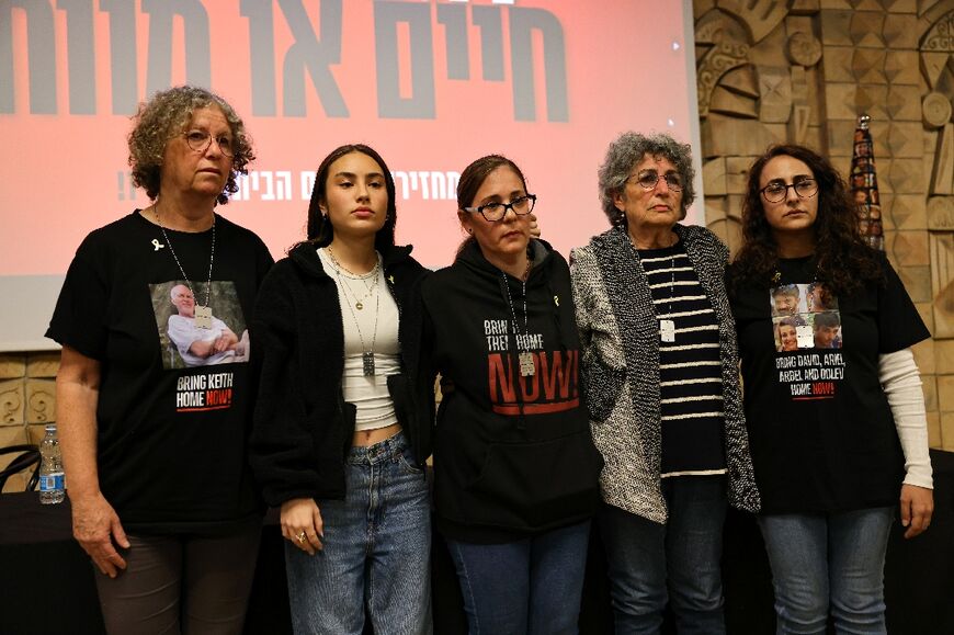 Former hostages (L to R) Sharon Aloni Cunio, Adina Moshe, Nili Margalit, Sahar Calderon and Aviva Siegel, who were abducted by the Palestinian Hamas movement on October 7, 2023 and later released during a cease fire agreement