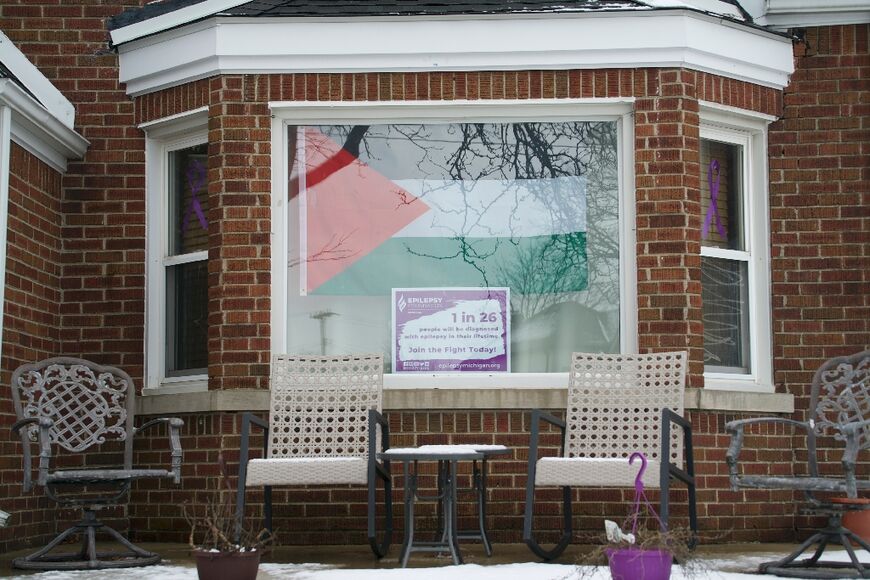 A Palestinian flag is displayed at a home in Dearborn, Michigan, on February 15, 2024