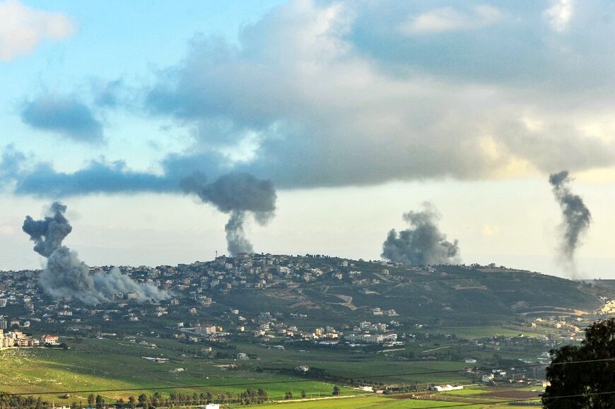Smoke billows over the southern Lebanese border village of El-Khiam during Israeli bombardment on February 7, 2024