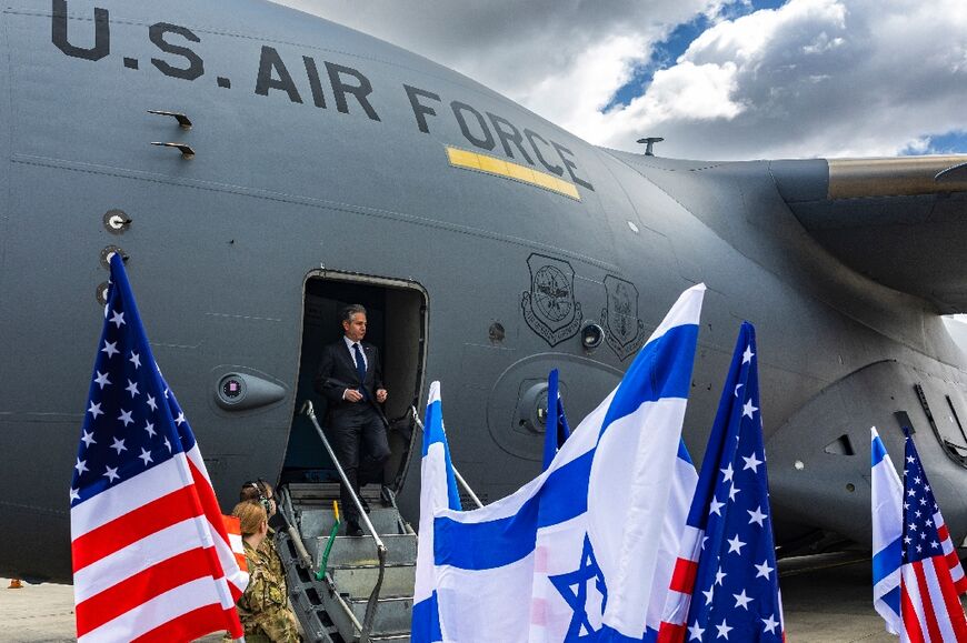 US Secretary of State Antony Blinken disembarks after arriving in Tel Aviv for talks with Prime Minister Benjamin Netanyahu