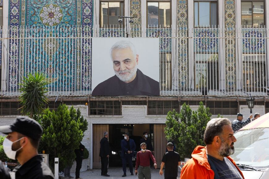 The facade of the Iranian embassy is adorned with a large portrait of Qasem Soleimani, the veteran Revolutionary Guards chief who was killed in a US drone strike outside Baghdad airport in January 2020
