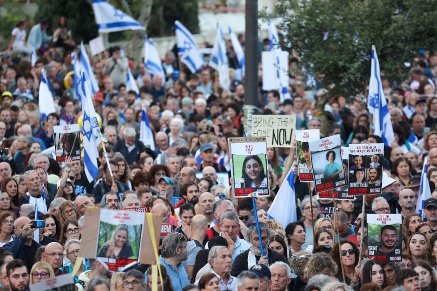Israelis protest at one of the mass rallies in Jerusalem demanding the Gaza hostages be freed