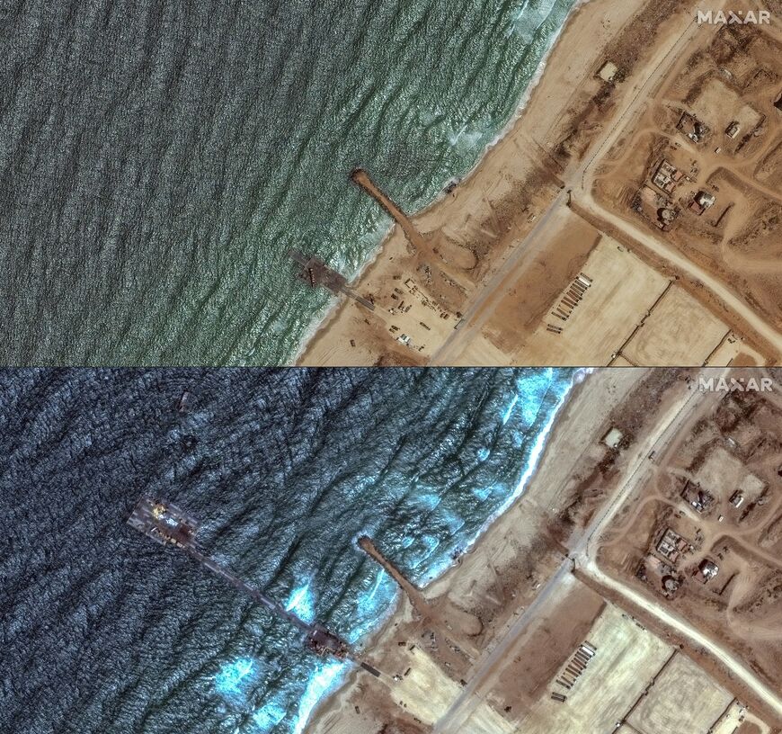 Before and after: satellite images show the US-built Gaza aid pier on May 29, 2024 (top) and three days earlier (bottom)