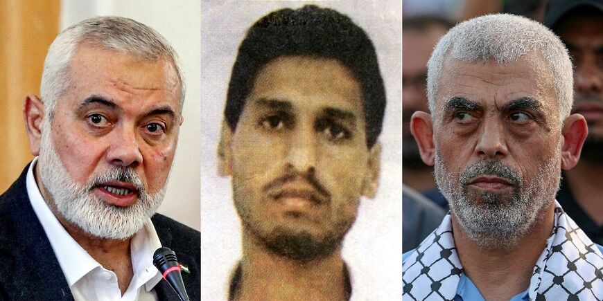 Hamas leaders from left to right: Qatar-based political chief Ismail Haniyeh, Gaza military commander Mohammed Deif and Gaza leader Yahya Sinwar 