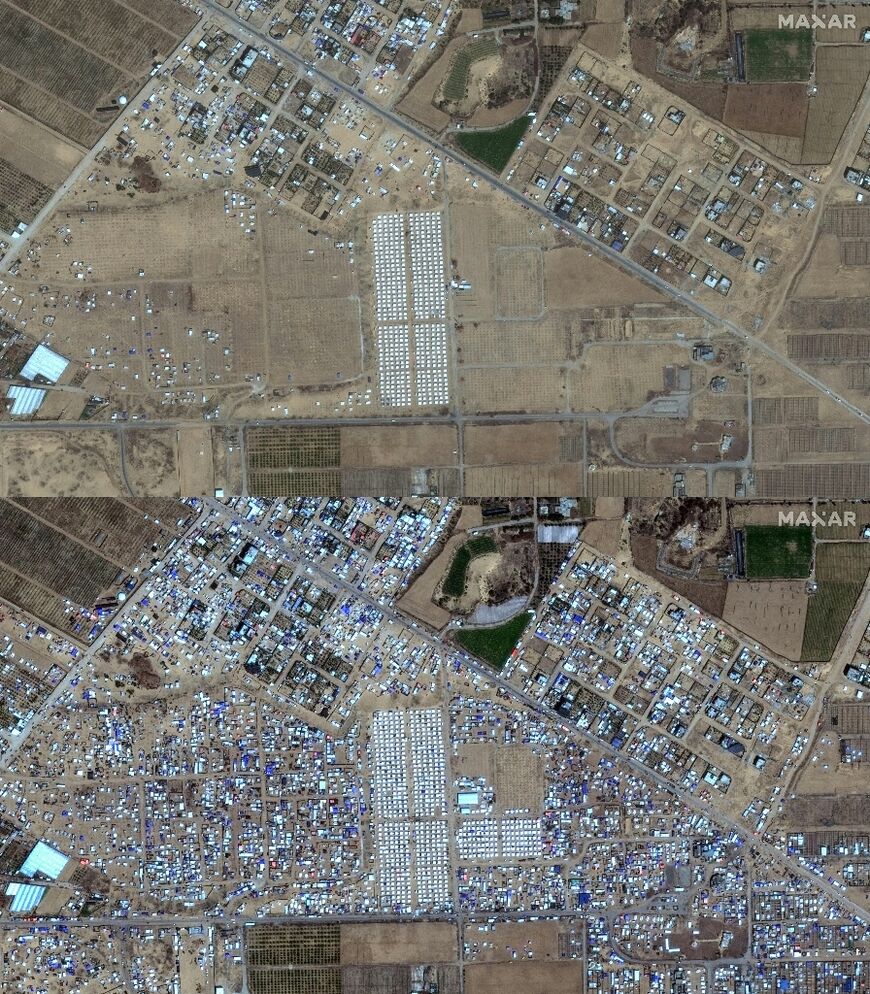 A vast tent city for displaced Gazans has grown between May 5 and 15 west of Khan Yunis, as seen in satellite images from Maxar Technologies 