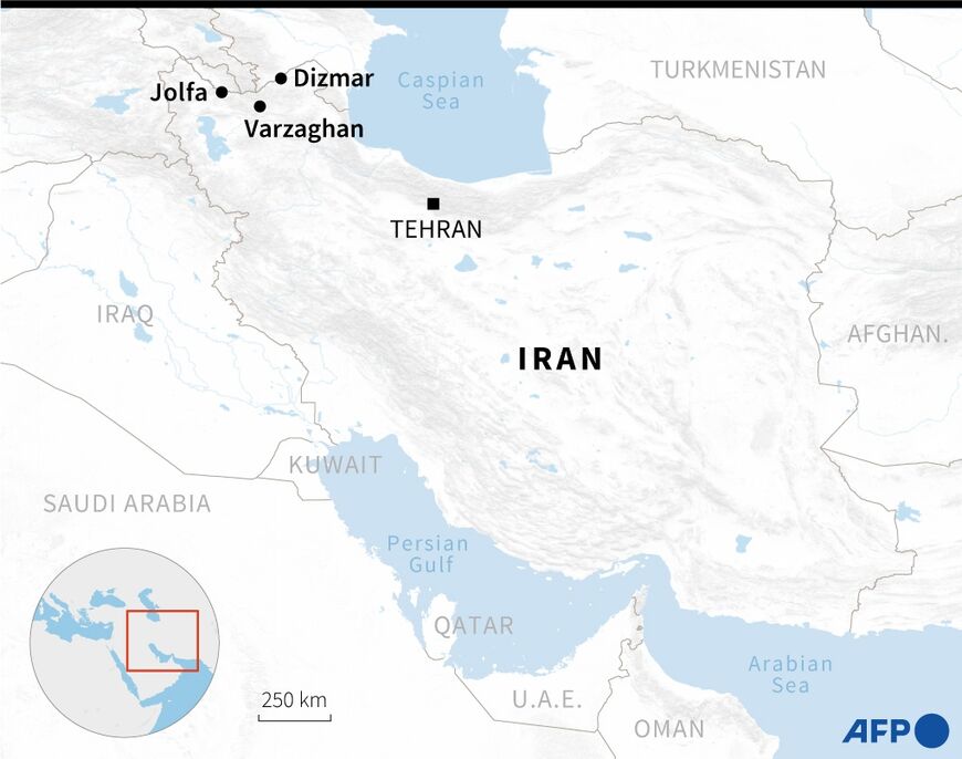 Map of Iran and the western area where Raisi's helicopter crashed
