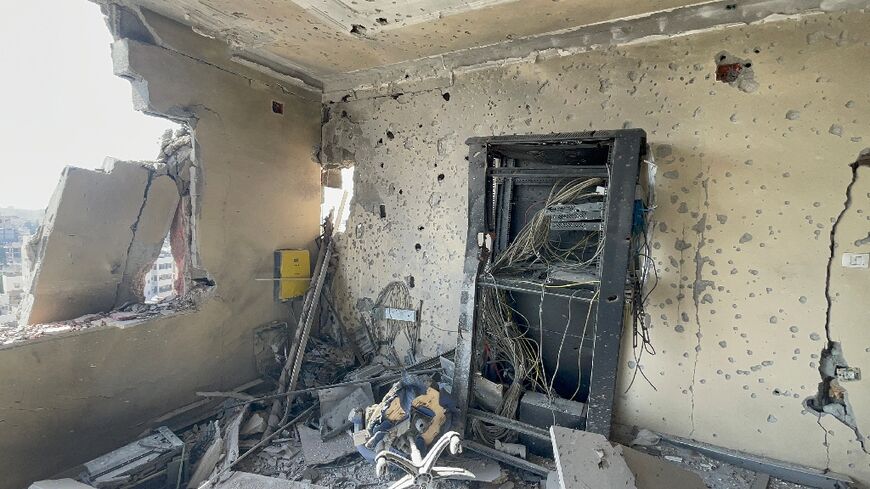Damage incurred from a November 2, 2023 strike on  AFP's Gaza office server room, in Gaza City 