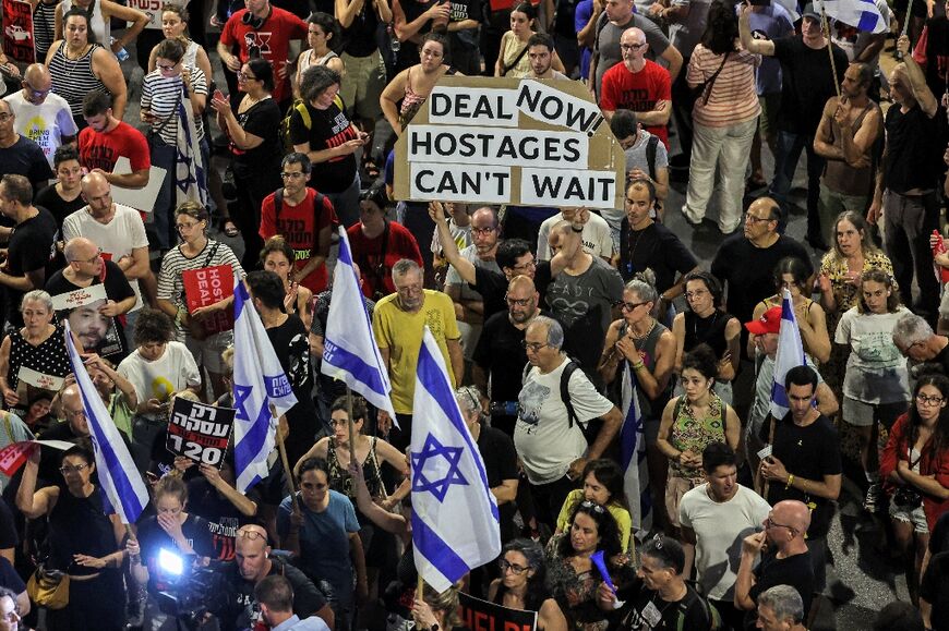 Protesters in Tel Aviv press the government to publicly accept a ceasefire plan being promoted by the US administration, saying the "hostages can't wait"