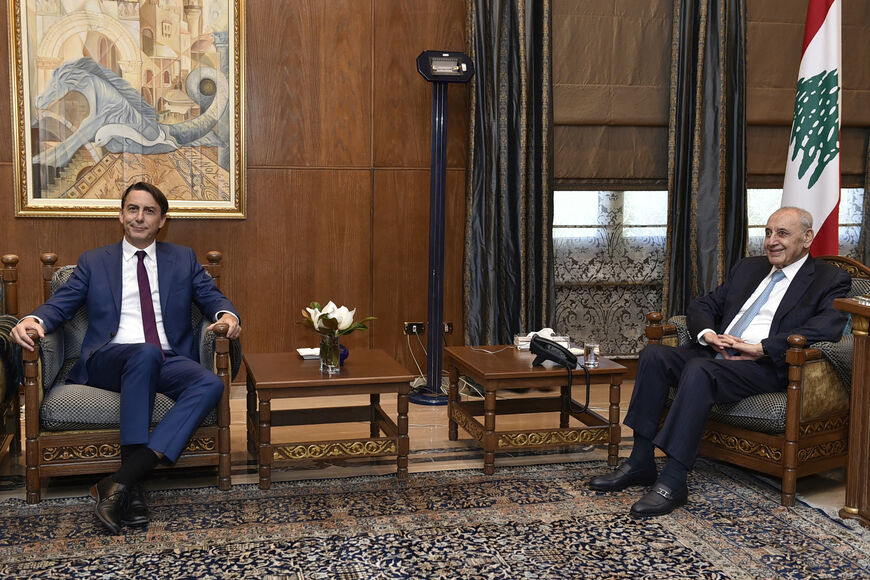 US special envoy Amos Hochstein (L) meets with Lebanon's Parliament Speaker Nabih Berri in Beirut on June 18, 2024 amid continuing tensions on the Lebanese-Israeli border. US envoy Amos Hochstein was in the region for talks with top Israeli and Lebanese official to press for de-escalation in border clashes involving Hamas ally Hezbollah. (Photo by AFP) (Photo by -/AFP via Getty Images)