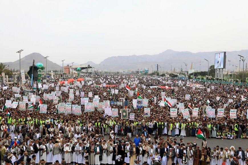Yemenis march in the Huthi-run capital Sanaa in solidarity with Palestinians in Gaza