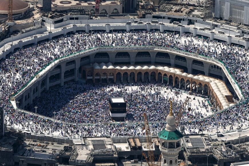 An aerial view of Mecca's Grand Mosque with the Kaaba during the annual hajj pilgrimage