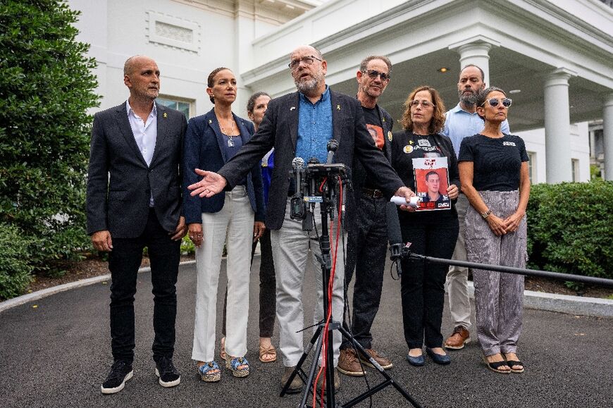 Jonathan Dekel-Chen, whose son Sagui Dekel-Chen is being held hostage by Hamas, speaks to the press after a meeting of relatives of hostages with US President Joe Biden and Israeli Prime Minister Benjamin Netanyahu at the White House in Washington, DC, on July 25, 2024.