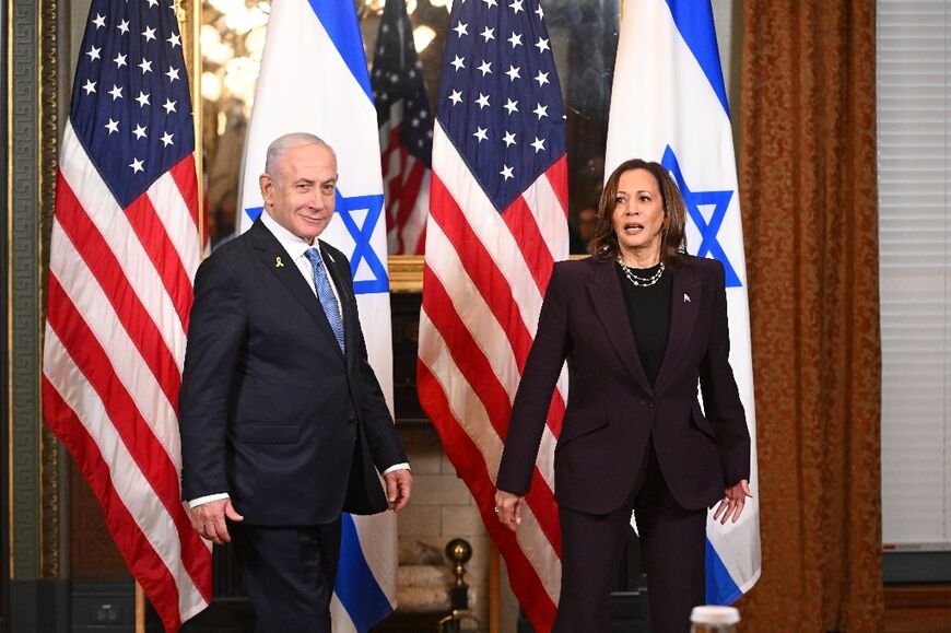 US Vice President Kamala Harris and Israeli Prime Minister Benjamin Netanyahu arrive for a meeting at the Eisenhower Executive Office Building in Washington