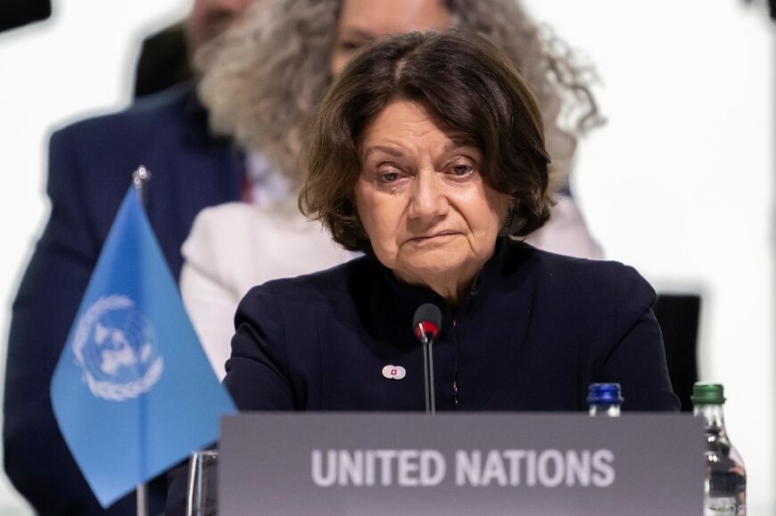 Rosemary DiCarlo Under-Secretary-General for Political and Peacebuilding Affairs of United Nations  attends a plenary session during the Summit on peace in Ukraine on June 16, 2024
