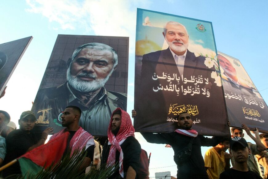 People protest in the southern Lebanese city of Saida against the killing of Hamas chief Ismail Haniyeh and Hezbollah military commander Fuad Shukr