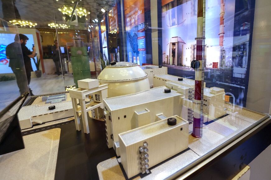 A replica of Iran's Bushehr nuclear plant at an exhibition in Isfahan on May 6, 2024