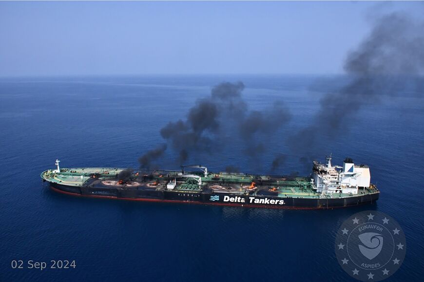 The Greek-flagged oil tanker Sounion burns on September 2, 2024, off the coast of Hodeida, Yemen