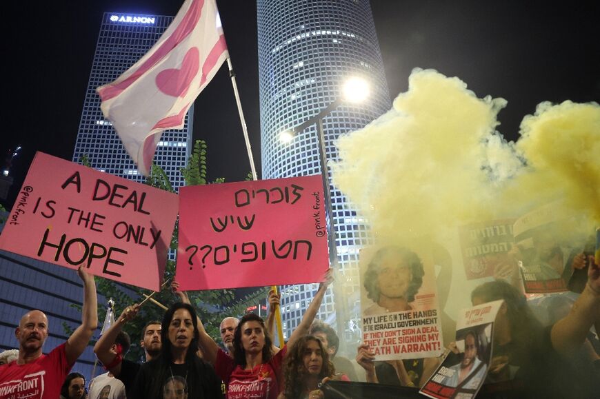 Israelis at an anti-government rally in Tel Aviv calling for a Gaza truce and hostage release deal