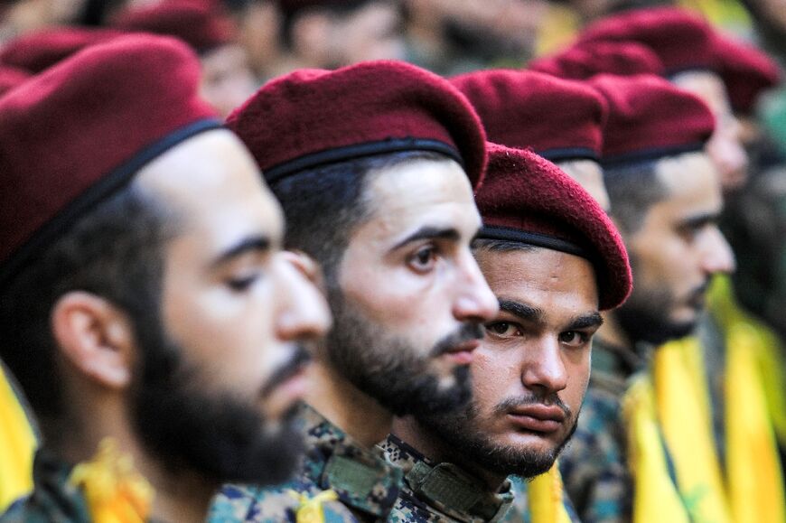 Hezbollah fighters at the funeral in Beirut's southern suburbs