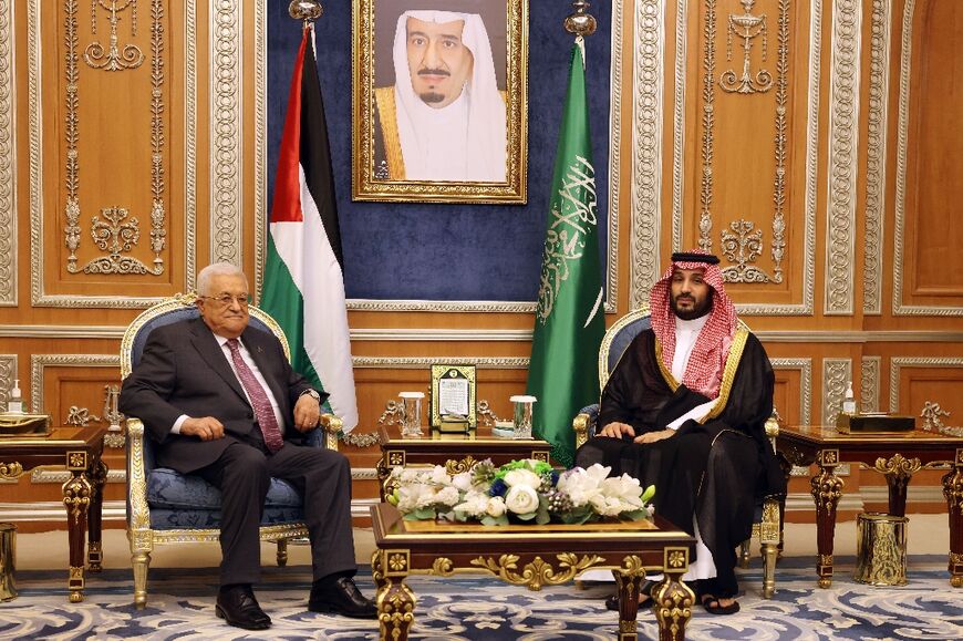 Palestinian president Mahmud Abbas (L) meeting with Saudi Arabia's Crown Prince Mohammed Bin Salman in Riyadh on August 27, 2024