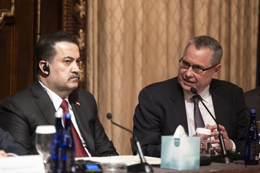 Iraqi Prime Minister Mohammed Shia al-Sudani (L) during an interview with Al-Monitor's president, Andrew Parasiliti, at the UNGA sideline event in New York, Sept. 25, 2024.