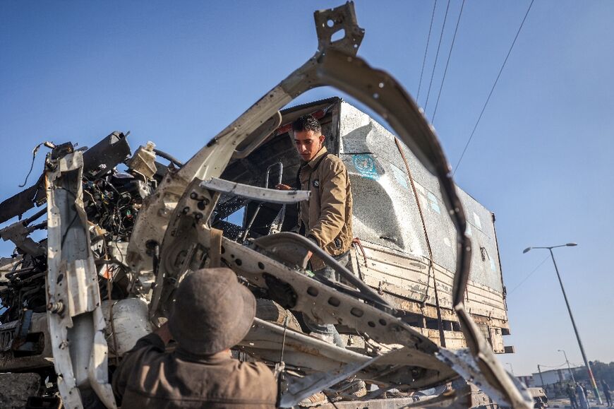 The mangled truck being used by UNRWA workers after it was hit by a strike