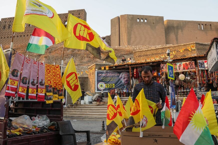 Kurdistan Democratic Party (KDP) flags are prominently displayed at the foot of Arbil's citadel ahead of the vote 