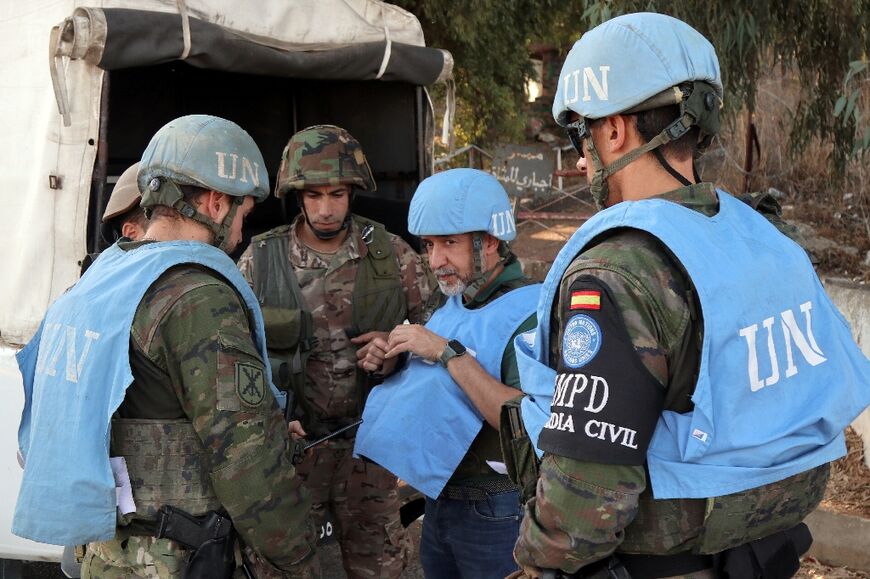 Spanish peacekeepers of the United Nations Interim Force in Lebanon (UNIFIL) coordinate with the Lebanese army in Marjayoun, south Lebanon, on October 8, 2024