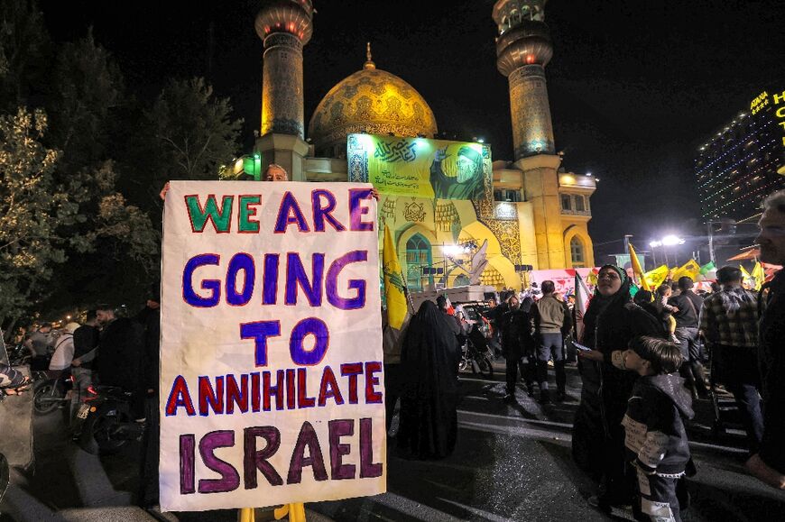 An anti-Israel sign in Tehran at a rally to celebrate Iran launching a barrage of missiles at Israel, in response to the killings of Hezbollah's leader Hassan Nasrallah and other Iran-backed militants