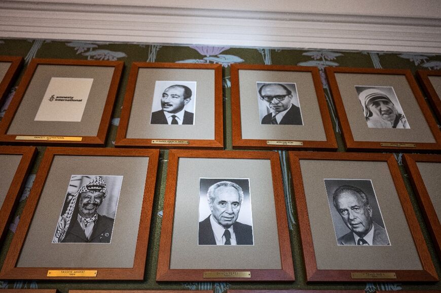 Portraits of Yasser Arafat, Shimon Peres and Yitzhak Rabin, from bottom left, at the Norwegian Nobel Institute in Oslo