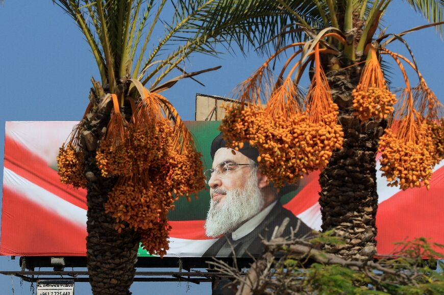 A billboard bearing a picture of slain Hezbollah leader Hassan Nasrallah in the southern Lebanese city of Sidon