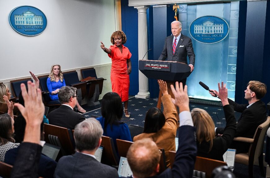 White House Press Secretary Karine Jean-Pierre (L) fields a question for US President Joe Biden during the daily press briefing at the White House in Washington, DC, on October 4, 2024. 