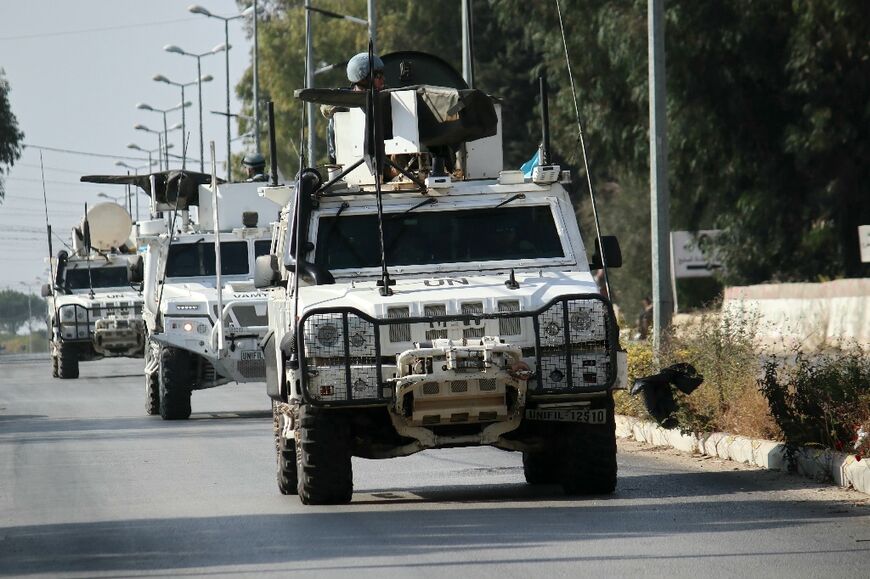 United Nations Interim Force in Lebanon (UNIFIL) peacekeepers patrol in the southern Lebanese district of Marjayoun