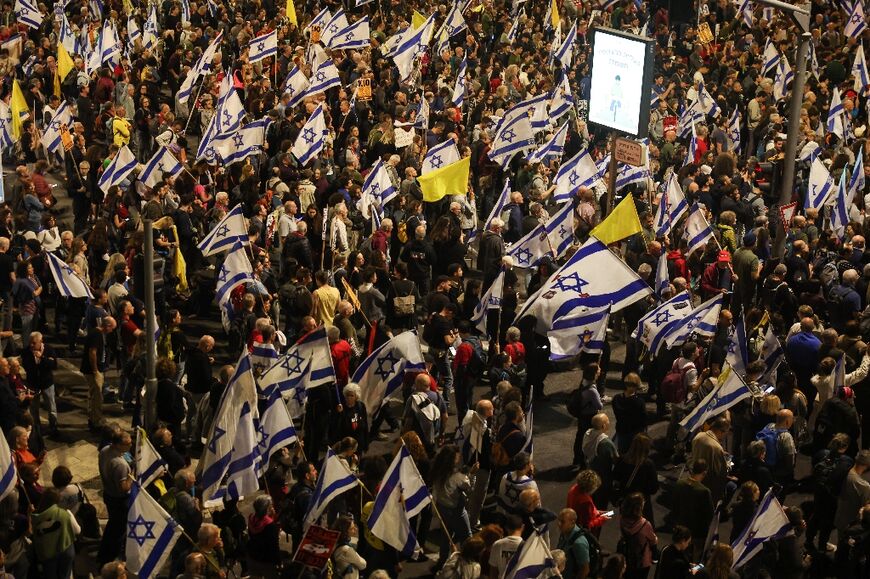 Israelis demonstrate in Jerusalem on November 6 a day after Netanyahu fired Yoav Gallant as defence minister