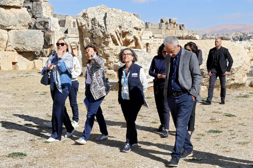 United Nations Special Coordinator for Lebanon Jeanine Hennis-Plasschaert (L) and Director of the UNESCO Office in Beirut Costanza Farina (C) visit Baalbek's UNESCO-listed archaeological area