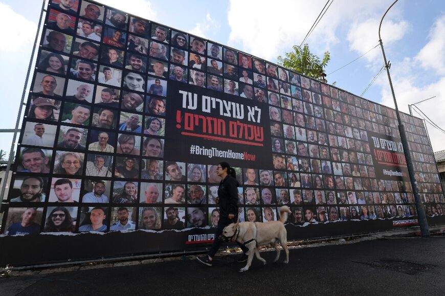 A billboard in Jerusalem featuring portraits of hostages held in Gaza since the October 7, 2023 attack