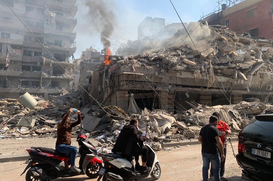 A building lies in ruins following Israeli strikes on the south Beirut neighbourhood of Haret Hreik on November 1, 2024