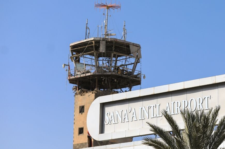 The damaged control tower at the international airport in Yemen's rebel-held capital Sanaa, after Israeli air strikes