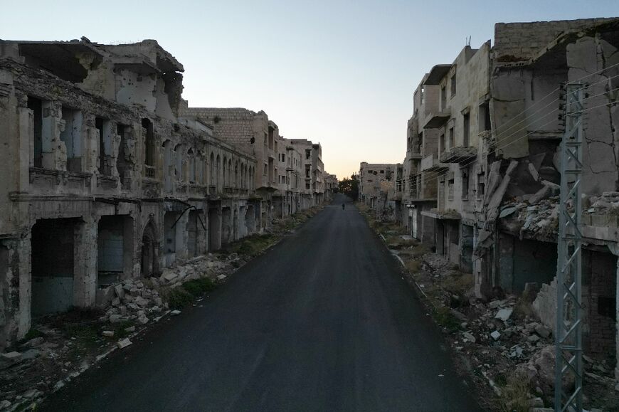 This aerial view shows destroyed buildings in Maaret al-Numan, in the northwestern Syrian Idlib province