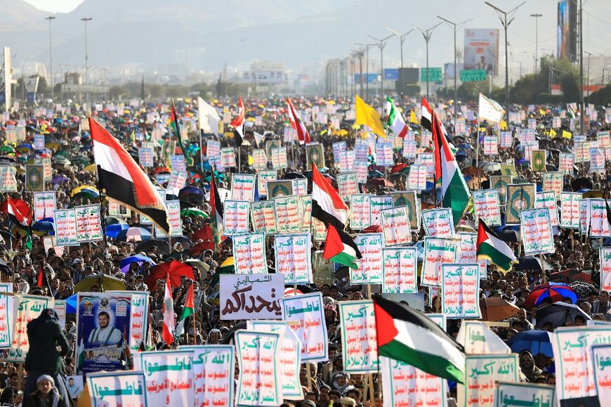 People demonstrate in the Huthi rebel-controlled Yemeni capital Sanaa against Israel and in solidarity with Palestine, after the rebels said Israeli strikes killed nine people, following rebel missile fire that damaged an Israeli school