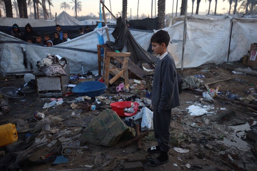 A destroyed tent shelter at a makeshift displacement camp in Deir el-Balah in the central Gaza Strip