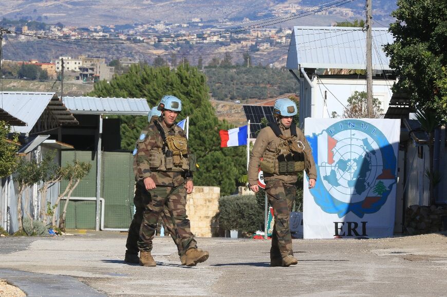 Members of the French battalion in the United Nations' UNIFIL peacekeeping mission, walk at their base in the southern Lebanese village of Deir Kifa