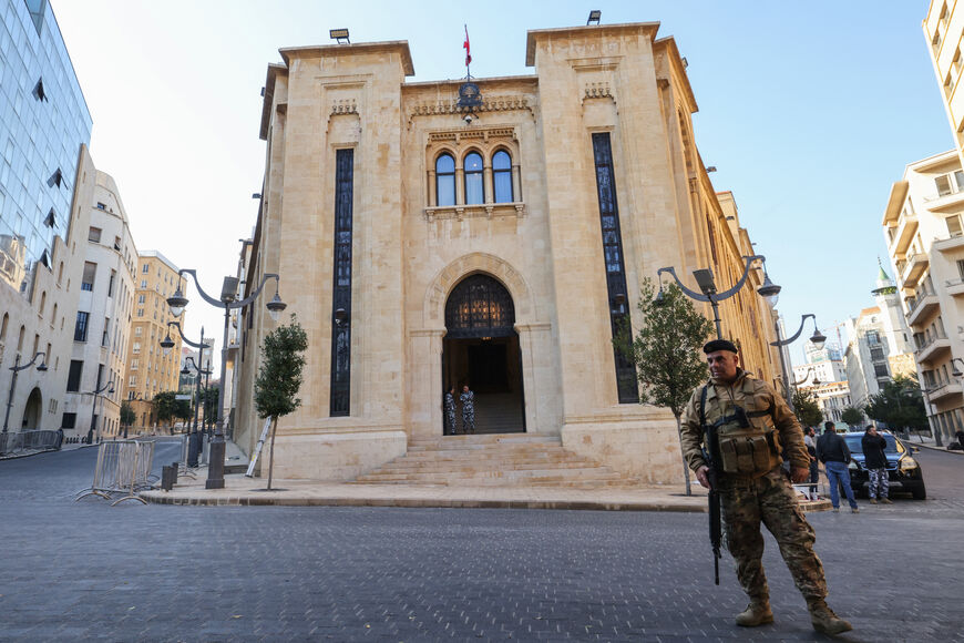 Members of Lebanese security forces stand guard in the perimeter of the Parliament, a day ahead of a parliamentary session to elect a president in Beirut on January 8, 2025. Lebanese political heavyweights held talks on January 8, a day ahead of a parliamentary session to elect a president of the tiny Mediterranean country, already deep in economic and political crisis, and which has been without a president for more than two years. (Photo by ANWAR AMRO / AFP) (Photo by ANWAR AMRO/AFP via Getty Images)