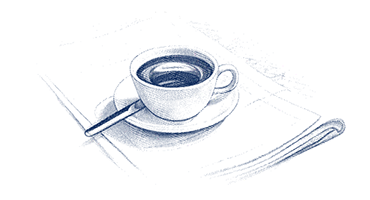 cup of tea and coffee with a sketch of a newsletter